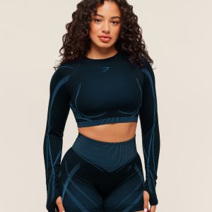 Gymshark x Analis Seamless Long Sleeve Crop Top - Midnight Blue/Lats Blue B4B4L-785